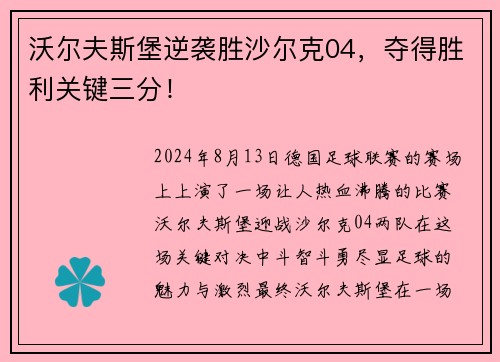 沃尔夫斯堡逆袭胜沙尔克04，夺得胜利关键三分！