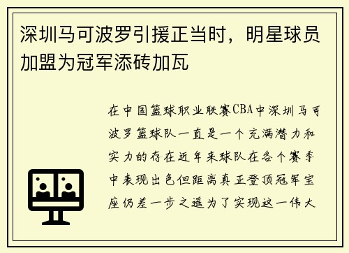 深圳马可波罗引援正当时，明星球员加盟为冠军添砖加瓦